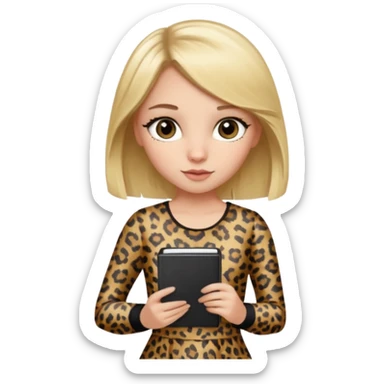 Blond hair girl with a leopard print dress and black leggings holding a note book and a pen sticker