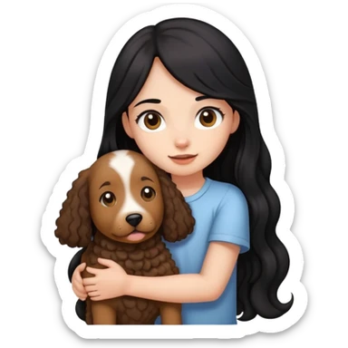 A girl with long straight black hair holding a curly brown giant dog sticker