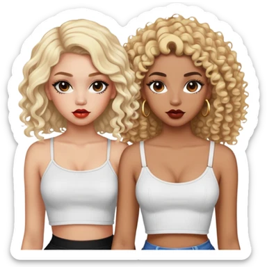 Two teenage girls together, one white with blonde hair and one brown-skinned with curly dark hair, both with heavy makeup, big lips, crop tops and choni style clothing sticker