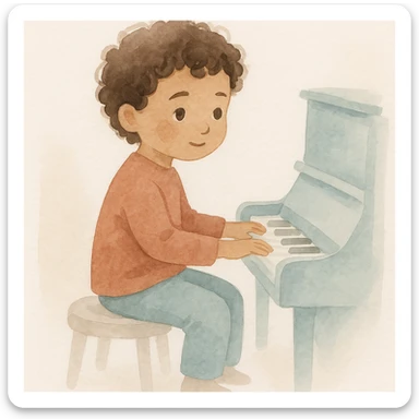 a kid with curly hair and brown eyes playing piano, watercolor illustration style sticker