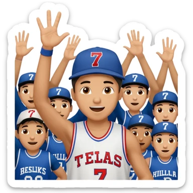 Maverick Trevillian in the crowd at an amateur basketball game. He leans towards the camera and enthusiastically shouts "six seven while performing a distinctive hand gesture: both hands open, palms facing upward, moving up and down as if weighing two options. sticker