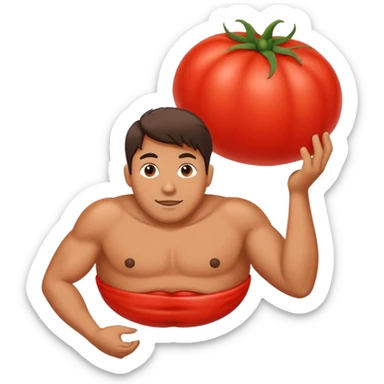man with a large red tomato instead of a belly sticker