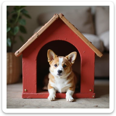 realistic red dog house with a Corgi dog inside, Corgi with a puppy, photorealistic style sticker