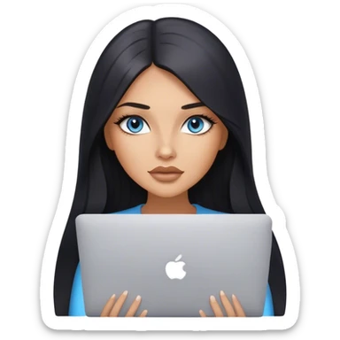 Glamours tanned very beautiful girl with pump nude lips and black straight smooth long hair, blue-gray eyes, with MacBook  sticker