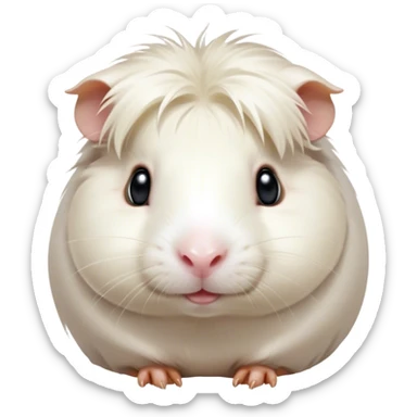 Cinematic Cute White Guinea Pig Portrait Emoji, Head tilted playfully and inquisitively, showcasing a silky, immaculate white coat with a natural glow, round, sparkling dark eyes filled with curiosity, Simplified yet irresistibly adorable features, highly detailed, glowing with a warm, friendly light, high shine, affectionate and lively, stylized with a touch of whimsy, bright and endearing, soft glowing outline, capturing the essence of a mischievous yet loving guinea pig, so playful it feels like it could nuzzle out of the screen and into your arms! sticker