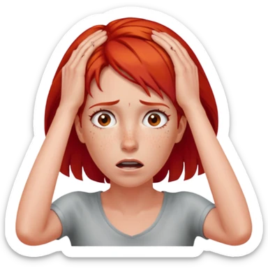 A realistic waist-up portrait of a frightened woman with her hands on her head and red hair sticker