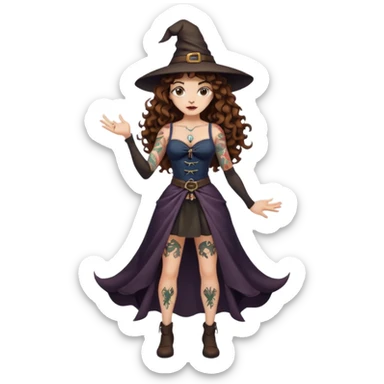 full body view of a woman with long curly brown hair, brown eyes, white skin, tattoos, hands on hips, unimpressed witch stance, psychedelic background swirl sticker