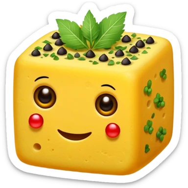 khaman dhokla, spongy yellow Indian snack, cut into cubes, garnished with mustard seeds and coriander, emoji style sticker
