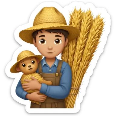 boy farmer, hug a bundle of straw sticker