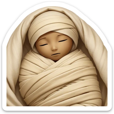 A snug, cozily wrapped mummy, fully encased in soft, slightly loose bandages, even its face gently hidden behind folds with only a tiny glimpse of sleepy eyes, nestled in warm, faded tones with gentle golden accents, simplified yet irresistibly charming, highly detailed with a soft glowing outline capturing the peaceful aura of an ancient being drifting into rest! sticker
