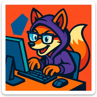clever fox programmer-hacker wearing a hoodie and glasses, sitting at a computer, cartoon style, bright colors, dynamic pose, focus on the fox, minimalist background sticker