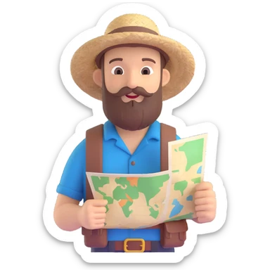 bearded traveler with a straw hat, holding a map, casual outfit sticker