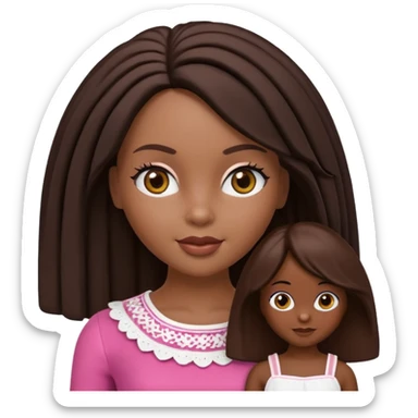 Boneca digital em estilo 3D realista e fofo, semelhante a uma boneca colecionável. Mulher jovem com pele negra, olhos castanhos escuros, cabelo liso cor chocolate, longo e bem alinhado.  sticker