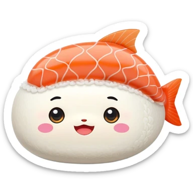 Cute Kawaii Nigiri Sushi, plump and happy, a soft white rice pillow topped with bright orange salmon, tiny blushing cheeks, big round eyes, a joyful floating expression! sticker