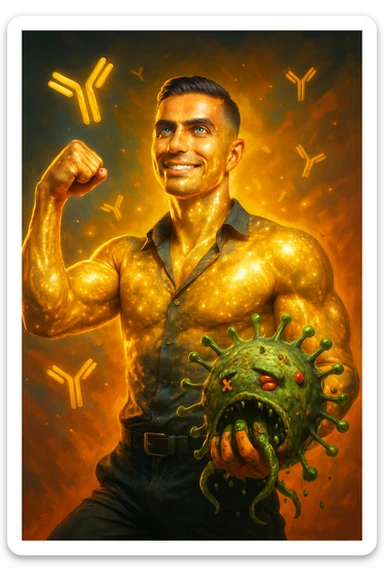 Un uomo atletico (30-40 anni) dalla pelle perfettamente liscia, senza cicatrici o imperfezioni, che emana un leggero bagliore dorato (metafora degli anticorpi).
Occhi brillanti con riflessi blu-verdi (simbolo di salute estrema).
Postura eroica, con un braccio sollevato in un gesto di forza, mentre con l'altro tiene un batterio gigante schiacciato come se fosse un mostro sconfitto. sticker