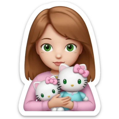 Girl with natural green eyes and light brown hair and she have a hello kitty doll with her hand sticker