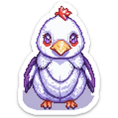a chicken-pig-penguin hybrid with red teeth and a purple nose, pixel art style sticker