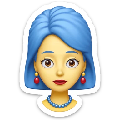 3D emoji head-only, smooth plastic, soft studio light, big round eyes, bold outline, centered, transparent bg,
Marge Simpson, yellow skin, tall blue beehive hair, red pearl necklace sticker