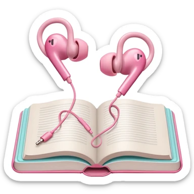  pink Pink Apple-style earbuds lying on an open book, soft pastel tones, cozy and minimal aesthetic, realistic lighting and shadows, top-down view, transparent background" sticker
