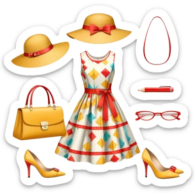 Icon for Fashion Design: a pattern of a bright, beautiful dress with measurements, a ruler, and pencil, along with a hat, shoes, and a handbag. The icon should represent fashion design with attention to detail and style. Transparent background. sticker