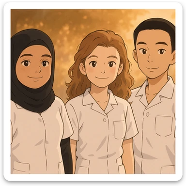 Illustrate four nursing students side by side in a warm atmosphere, wearing short-sleeved white uniforms without undershirts or stethoscopes, inspired by the four provided faces, in Ghibli style. sticker
