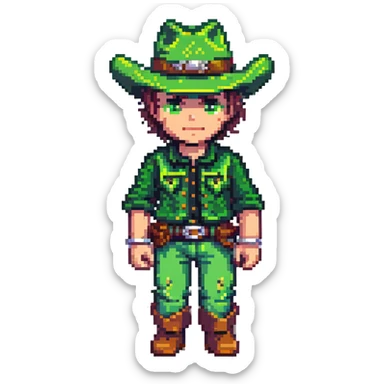 Pixel art of a cowboy character with green outfit and hat sticker