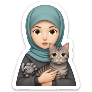 White girl wearing hijab holding a black grey tabby cat sticker