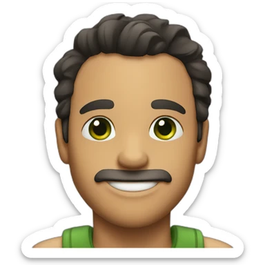 nice man with green eyes, dark hair, smiling with a dino sticker