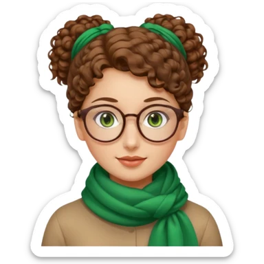 iranian woman, tight curly light brown hair in one high pony tail, glasses, green eyes, pretty, oval shape face, no hajib, scarf on neck sticker