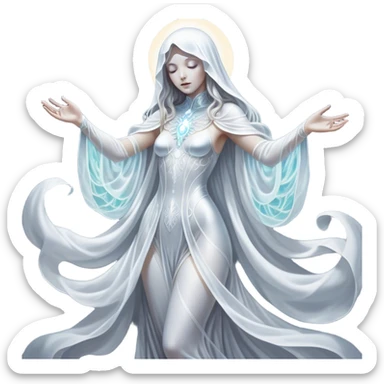 Cinematic, Ultra realistic 32k HD, Breathtaking piece of art, rim lighting, hauntingly beautiful art, mostly greyscale, Balanced features, highly detailed digital artwork, glowing with silver light, glowing, high shine, deviant adoptable, highly detailed clothing, remembrance, a painting of white silver, fanciful, enchanting, ghostly, embodying the essence of both reality and fantasy, dreamy, dreamy glow, optical illusion, immaculate composition, complex pose, air composition. The image is so lifelike that it feels as though it could leap off the canvas at any moment sticker