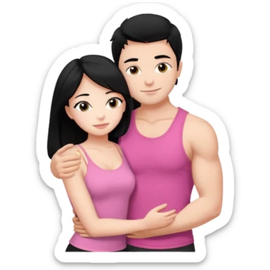 a pretty bratz fair girl. black hair, wearing a pink cami top, she is hugging a handsome fair guy with black hair. lean but muscular. is wearing a black tshirt sticker