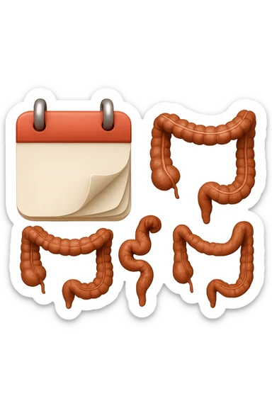 emoji stile iphone di un calendario con fogli che volano insieme a pezzi anatomici di colon umano, iperrealistico 4k, isolato su sfondo bianco sticker