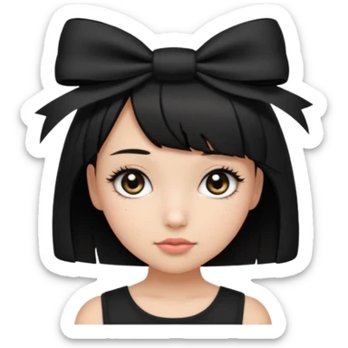 Girl with black cute bob cut with a black top and a bow on her head with long lashes sticker
