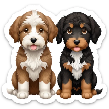 2 dogs: one light brown Aussiedoodle, one all-black Bernedoodle with white eyebrows some white markings, no brown . Both same size. sticker