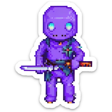 Add glowing eyes to Purple Guy from FNAF holding a knife in pixel art style with no background. sticker