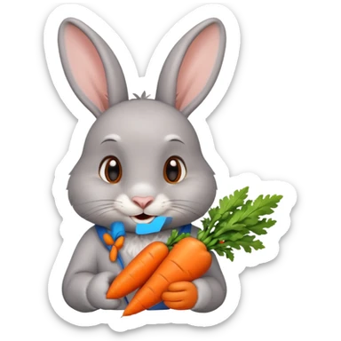 Gray rabbit holding carrot, cute smile, half body sticker