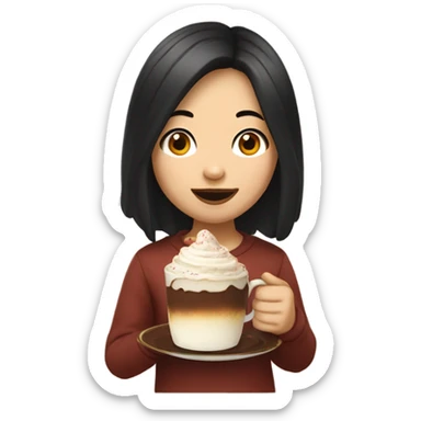 An Asian girl with black slightly wavy hair with no bangs enjoying a piece of victoria cake with a cup of hot chocolate sticker