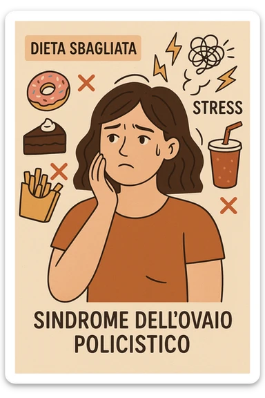 Donna con sindrome dell'ovaio policistico, dieta sbagliata e stress crescente, espressione preoccupata, simboli di errori alimentari, didascalie in italiano, aspect ratio 2:3 sticker