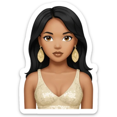 LeToya Luckett with long black hair, ivory sequin crop top, ivory earring sticker