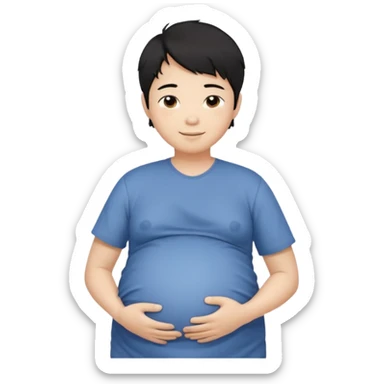pregnant asian boy with short messy black hair holding his belly embracing his pregnancy sticker