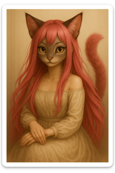 Make the hair a bright pink shade, maintaining the realistic anime catgirl look with strong cat-like features, preserving the style and details. sticker