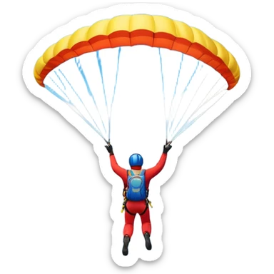 A base jumper soaring through the sky, with a brightly colored parachute open. The backdrop features breathtaking mountain peaks, lush valleys, and a vast blue sky dotted with clouds. The scene captures the thrill and freedom of jumping from great heights into the open air. sticker