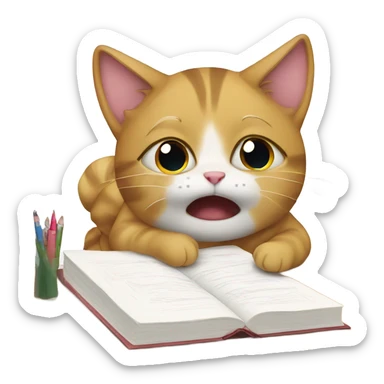 Cute cat doing a homework and crying sticker
