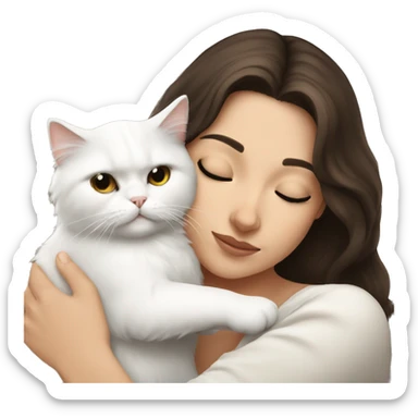 Brunette woman snuggling white Persian cat sticker