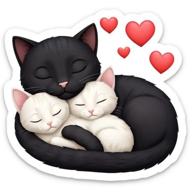 Big black cat is sleeping with a small white cat with hearts above sticker