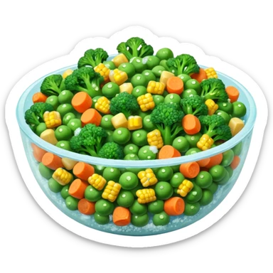A close-up of a bowl filled with frozen mixed vegetables — peas, carrots, corn, and broccoli — covered with a light layer of frost. The colors are bright but slightly muted from freezing. Natural lighting, high-detail macro food photo. sticker