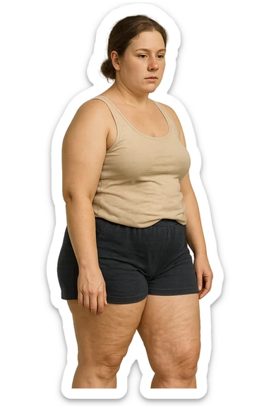 donna con inestetismi evidenti cellulite non troppo grassa e giovani sui 30 anni. in pantaloncini sticker