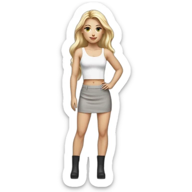 hyperrealist caucasian female with long blonde hair brown eyes white strap low cut tank top gray tight mini skirt black high heeled shoes sticker