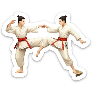 Two martial artists in traditional Wushu attire, performing elegant, fluid moves. The background shows a peaceful, scenic landscape with mountains and bamboo trees, symbolizing the balance of power and grace in Wushu.  sticker