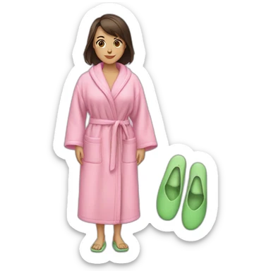 a brunette girl in a pink terry dressing gown with green slippers sticker